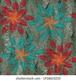 Watercolor red blue flowers, set leaves, seamless pattern, bright background, postcard, texture textile, wallpaper