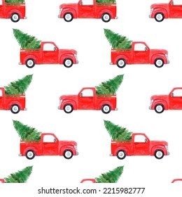 Watercolor red car and christmas tree seamless pattern white background