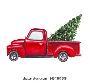 Watercolor Red Car, Truck With Green Christmas Tree On Top Isolated On White Background