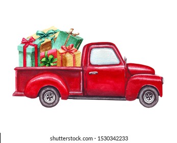 Watercolor red Christmas truck and gift boxes  isolated white background  Hand painted abstract retro car   christmas presents  Decorative elements  symbols winter holidays for cards 