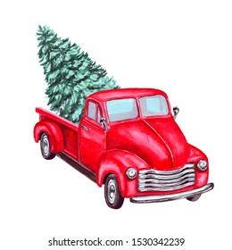 Watercolor red Christmas truck and pine tree  isolated white background  Hand painted abstract retro car   coniferous evergreen trees  Decorative elements  symbols winter holidays for cards 