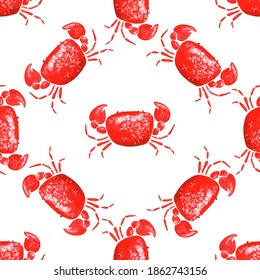 watercolor red crabs on a white background in a strict diamond-shaped order. Seamless pattern. Bright crabs on a white background create a static pattern, sea Wallpaper for packaging textiles