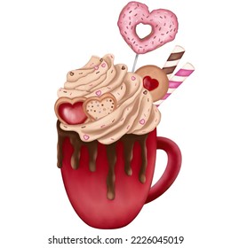 Watercolor Red Cup Of Hot Cocoa. Watercolor Dessert Illustration.