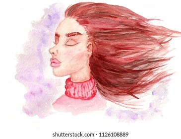 Watercolor red haired girl on white background