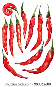 Watercolor Red Hot Chili Chilli Spicy Pepper Set Isolated