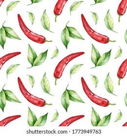 Watercolor red hot chili pepper digital paper. Chili vegetable illustration with leaves seamless pattern. Spicy ingredient.

