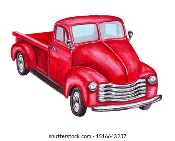 Watercolor Red Old Retro Car Pickup. Vintage Christmas Truck, Isolated