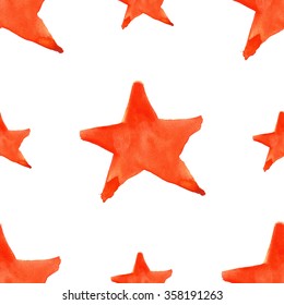 Watercolor Red Orange Five Pointed Star Symbol Seamless Pattern Texture Background