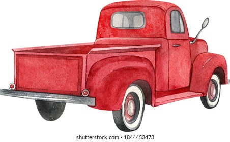 Watercolor red retro truck. Hand painted vintage retro car illustration perfect for thanksgiving card making, wedding invitation and fall autumn postcards 