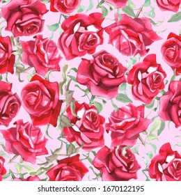 Watercolor Red Roses Seamless Pattern.