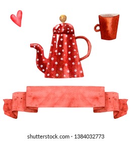 Watercolor red set. Teapot and a cup of tea. Red heart. Red ribbon banner. Polka dot pattern. Old kitchen stuff. Cute watercolor cartoon style. English breakfast.  - Powered by Shutterstock