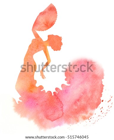 Watercolor red silhouette of a woman flamenco dancer with a fan
