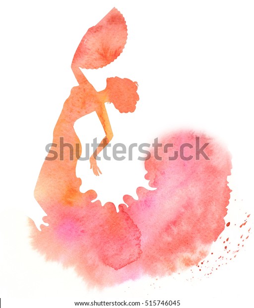 女性のフラメンコダンサーと扇子の水彩の赤いシルエット のイラスト素材