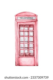 Watercolor red telephone booth. Hand drawn illustration