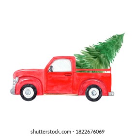 watercolor red truck and christmas tree delivery isolated white background  Holiday greeting card