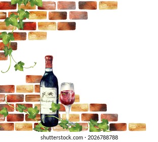 Watercolor red wine with brick background