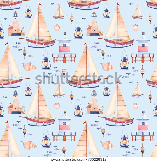 水彩レガッタシームレス模様 青の背景に帆船 貝殻 灯台 浮き 提灯 魚などの海のテクスチャーを繰り返す 漫画風の壁紙デザイン のイラスト素材