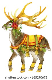 Watercolor Reindeer Illustration. Christmas Card.
