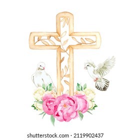 Watercolor religious illustration and light wooden cross   doves and flowers  Perfect for printing  web  textile design  souvenirs 