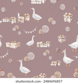 Watercolor repeat seamless pattern with Air Balloons and confetti and goose on isolated background. Hand drawn illustration for Happy birthday with bird. Gifts and girlande flags on pastel colors. - Powered by Shutterstock