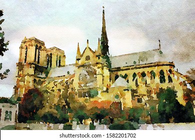 watercolor representing a glimpse of the cathedral of Notre Dame in Paris in the autumn