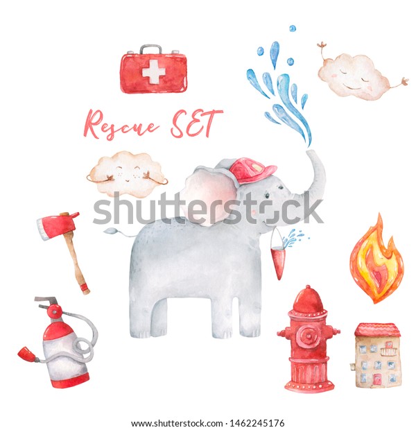 Watercolor\
rescue kit. Little Heroes the fire rescue funny cartoon, Elephant\
hand drawn colorful illustration on white background. Cute animal,\
nursery clip art. Baby shower, axe,\
house