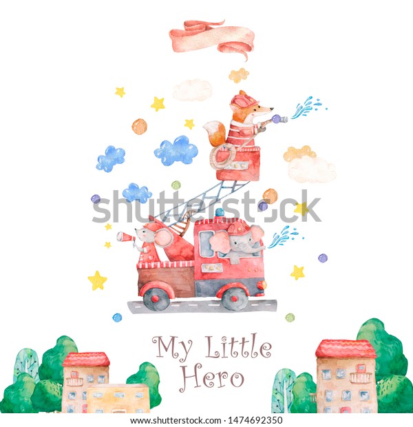 Watercolor rescue kit.\
Little Heroes the fire rescue funny cartoon, hand drawn colorful\
illustration on white background. Cute animal, nursery clip art.\
Baby shower, axe,\
house