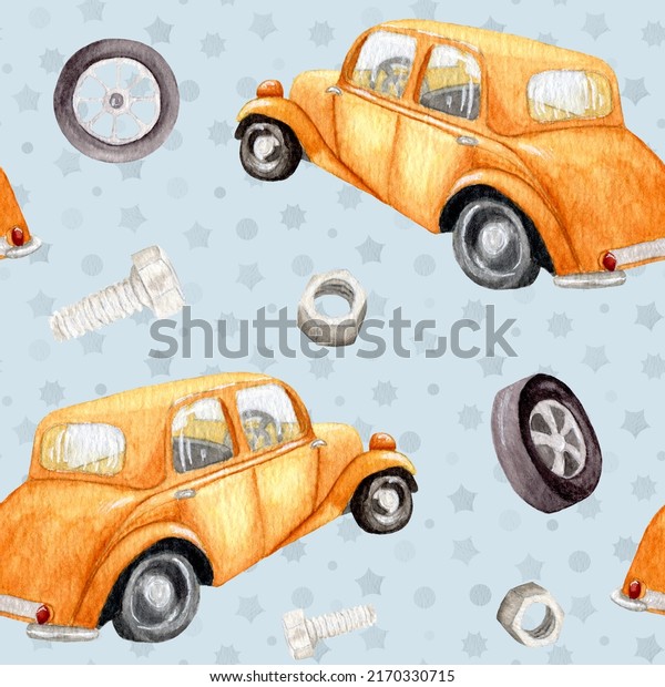 Watercolor retro cars. Seamless\
children\'s pattern with different machines. Hand painted retro car\
pattern. Retro transport. Brown car with nuts and\
screws