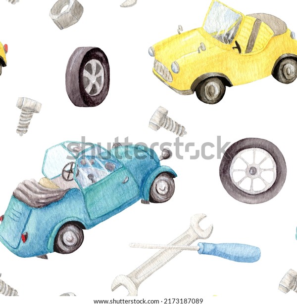 Watercolor retro cars. Seamless children\'s pattern\
with different machines. Hand painted retro car pattern. Retro\
transport. Machines with a folding top. Nut, screws, screwdriver\
and wrench