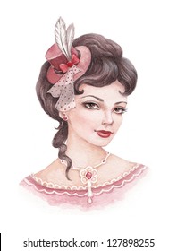 Watercolor retro fashion illustration. Beautiful stylish lady