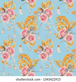 Watercolor Retro Glamorous  Seamless Pattern With Chains, Belts And Ropes. Gold Ring. Delicate Flowers Pink Rose. Blue Background. Rococo