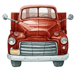Watercolor Retro Pickup Truck Icon. Vintage American Classic Farmhouse Car, Red Farm Truck, Old Car From 50s. Isolated On White Background