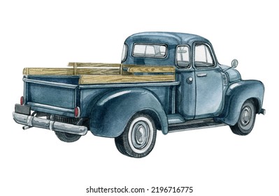 Watercolor Retro Pickup Truck Icon. Vintage American Classic Farmhouse Car, Emerald Green Farm Truck, Old Car From 50s. Isolated On White Background