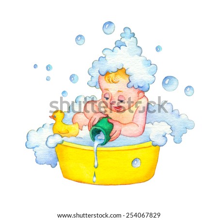 Watercolor retro picture isolated on white background. Cute funny redheaded Tot with joyful ecstatic face sitting in plastic bowl with toy duck, play with froth and liquid pours splat a cup