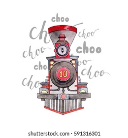 Watercolor Retro Train Illustration. Steam Punk Style.