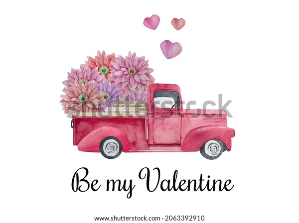 Watercolor retro truck with flowers and balloons.\
Valentine\'s day\
truck.