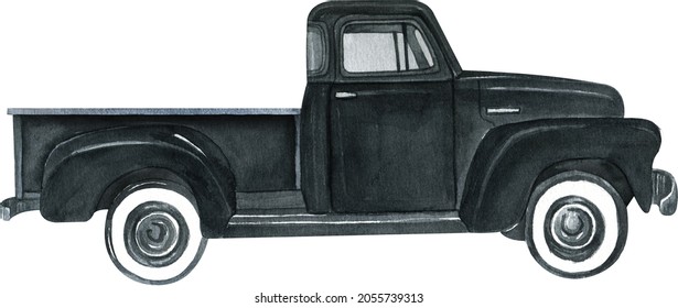 Watercolor Retro Truck. Hand Painted Vintage Retro Car Illustration Perfect For Thanksgiving Card Making, Wedding Invitation And Fall Autumn Postcards 