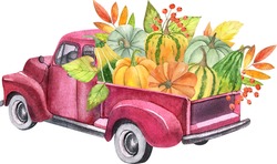 Watercolor Retro Truck With Harvest - Pumpkin Vegetables. Hand Painted Vintage Retro Car Illustration Perfect For Thanksgiving Card Making, Wedding Invitation And Fall Autumn Postcards 