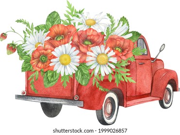 Watercolor Retro Truck. Vintage Farm Truck With Daisy, Strawberry. Vintage Transport