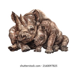 Watercolor Rhinoceros for Baby Shower, Mom and baby Rhino paint, Rhino Hand drawing, Mom and baby animal digital file. Family isolated on white background. Watercolor. Motherhood, Childhood