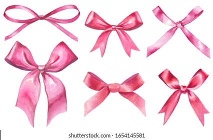 watercolor ribbon bows set isolated on white. red and pink silk bows knots as event decorative design elements. hand-drawn illustration