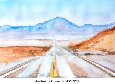 Watercolor Road  Illustration. Landscape With Mountains Background. Hand Painted Travel Concept Banner. Road Trip Card Design.