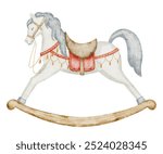 Watercolor Rocking Horse Illustration. Drawing of classic retro Baby Toy on isolated background for greeting cards or invitations. Vintage pony with Saddle and Reins for Nursery design.