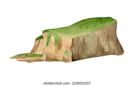 Watercolor rocky cliff illustration  Hand painted mountain isolated white background  Green summer hill landscape  Nature design for hiking  travel  printing  wall art  cards  decor