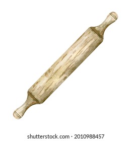 Watercolor Rolling Pin. Hand Drawn Illustration Of Culinary Utensil For Dough Prepartion.