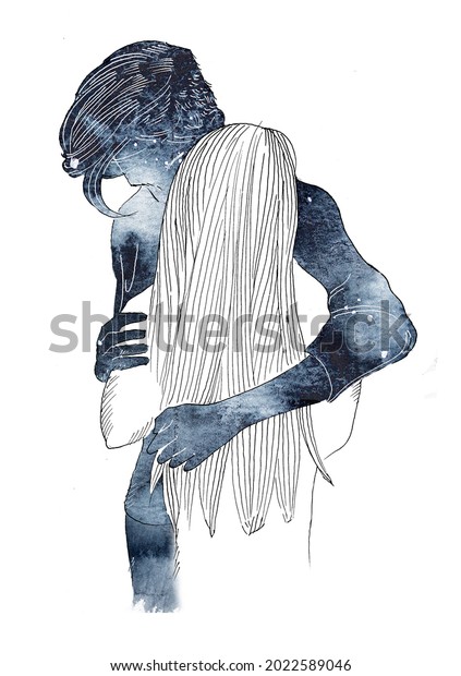 Watercolor romantic couple illustration. Silhouette of boy and girl in love holding hugging with space pattern isolated on white background. Relashionship concept. Love themed poster.Wall art romance.