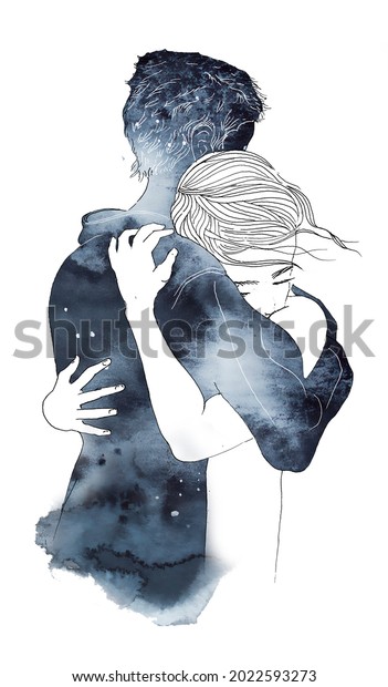 Watercolor romantic couple illustration. Silhouette of boy and girl in love holding hugging with space pattern isolated on white background. Relationship concept. Love themed wallpaper. Wall art romance.