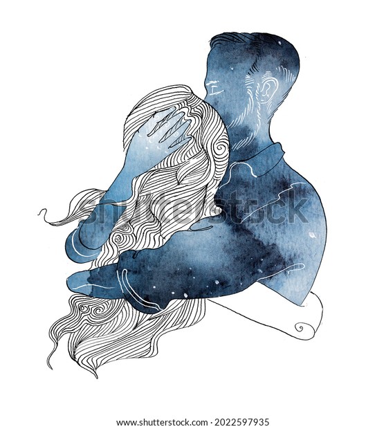 Watercolor romantic couple illustration. Silhouette of boy and girl in love holding hugging with space pattern isolated on white background. Relationship concept. Love themed wallpaper. Couples Wall art romance.