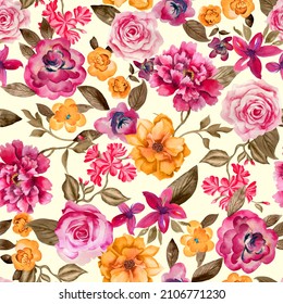 Watercolor Romantic Flowers Pattern, Seamless, White Background, Pink And Yellow Roses