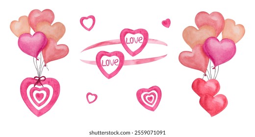 Watercolor romantic hearts, colorful balloons isolated on white background. Illustration for Save the date, Valentines day, birthday and mothers day cards, wedding invitation, postcard - Powered by Shutterstock